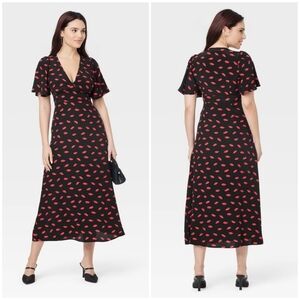 A NEW DAY Black Red Playful Lips Kiss Novelty Patterned Dress, Valentines Day